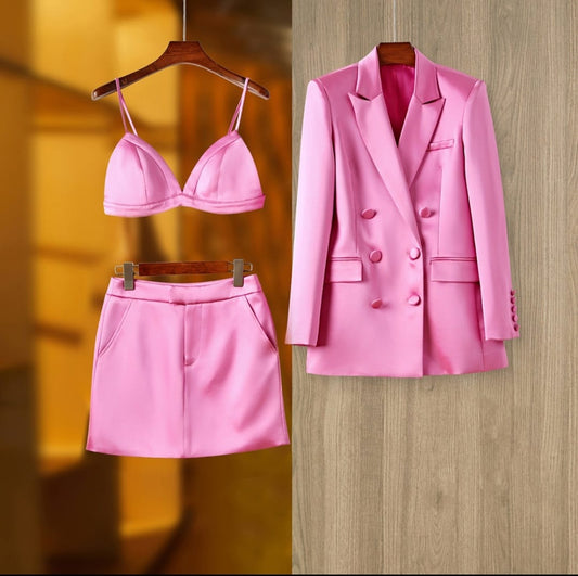 Pink suit with mini skirt